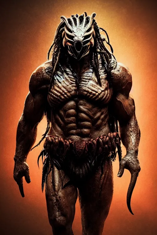 Image similar to full body pose, hyperrealistic photograph cover of predator, dim volumetric lighting, 8 k, octane beautifully detailed render, extremely hyper detailed, intricate, epic composition, cinematic lighting, masterpiece, trending on artstation, very very detailed, stunning, hdr, smooth, sharp focus, high resolution, award, winning photo, dslr, 5 0 mm