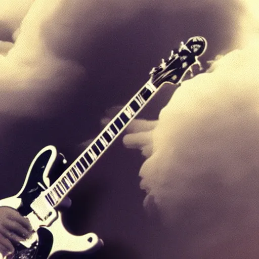 Prompt: b. b king, sitting in a fluffy cloud, playing an electric semi - hollow guitar. beautiful realistic render, dramatic, moody