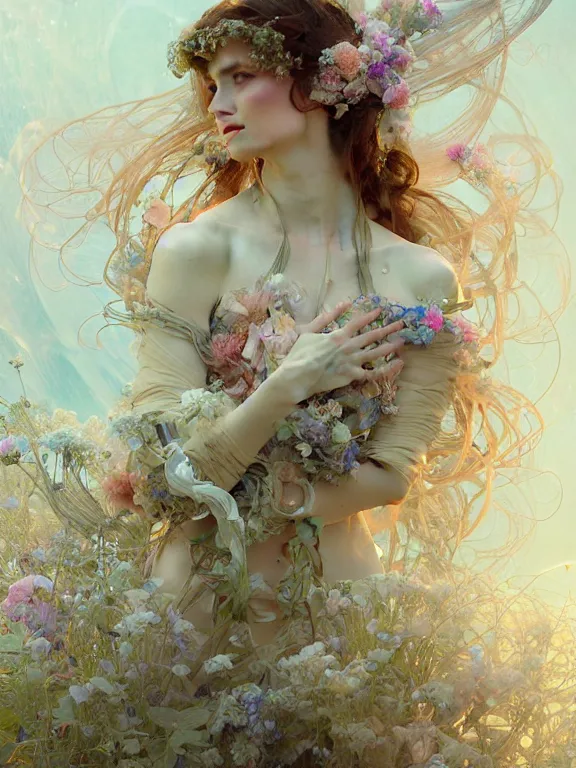 Image similar to Full view Ethereal Floralpunk elysian Maiden of radiant light wearing ivory dress made of stardust masterpiece 4k digital illustration by Ruan Jia and Mandy Jurgens, award winning, Artstation, art nouveau aesthetic, Alphonse Mucha background, intricate details, realistic, panoramic view, Hyperdetailed, 8k resolution, intricate art nouveau