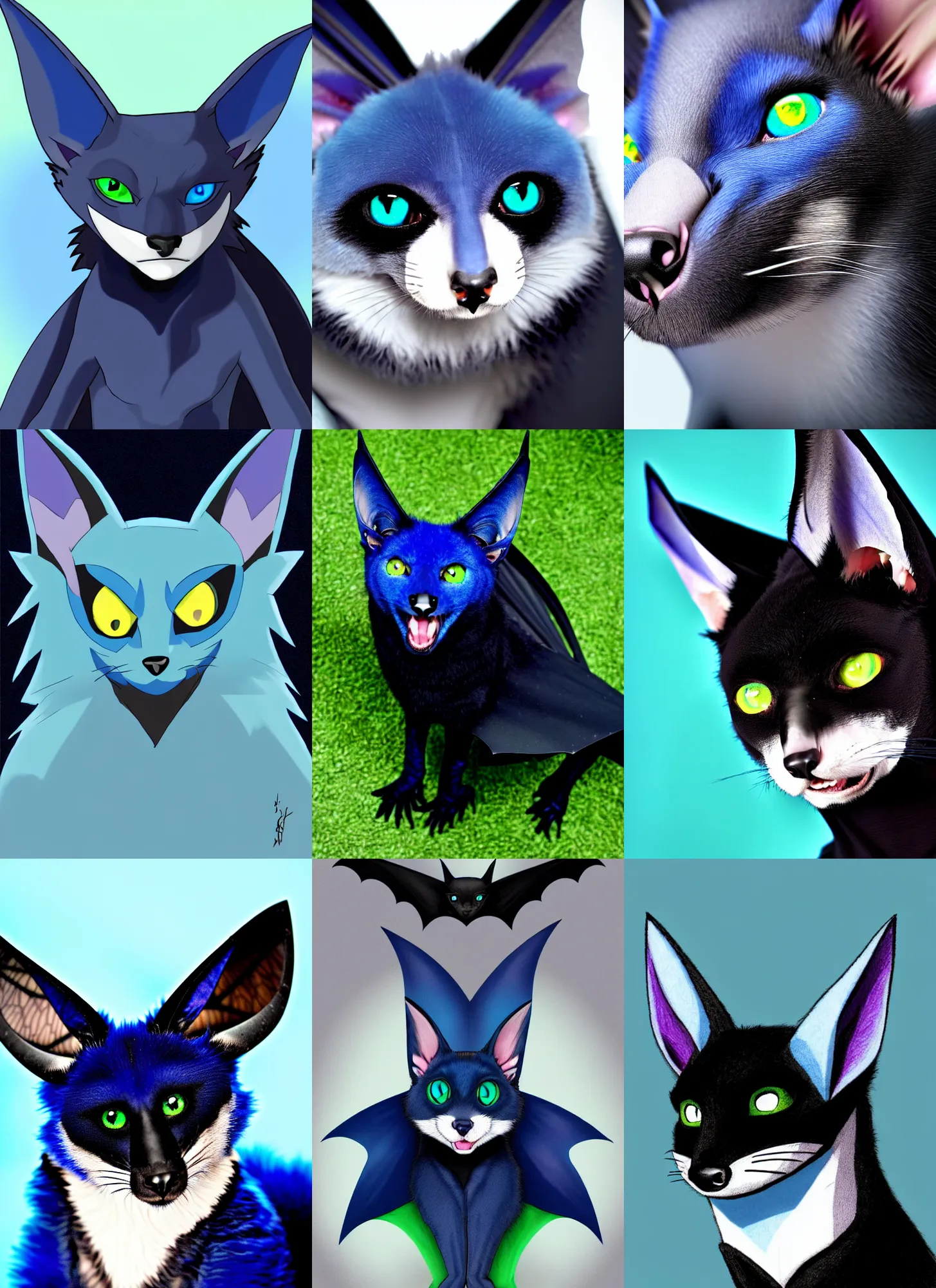 Prompt: a blue - and - black male catbat fursona ( from the furry fandom ) with blue / green heterochromatic eyes ( one blue eye, one green eye ) and huge bat ears, photo portrait