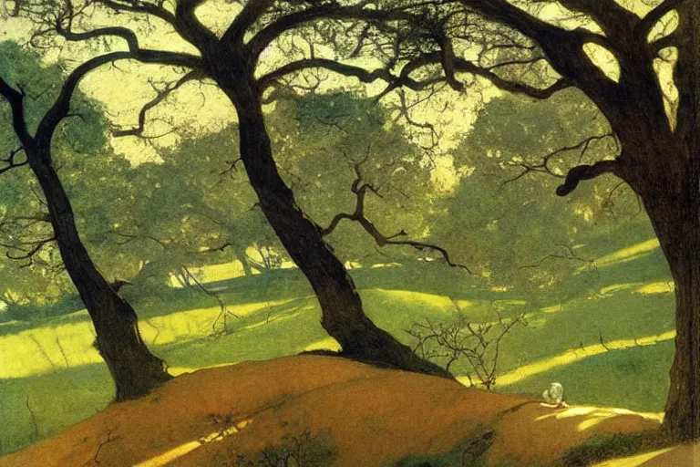 Image similar to masterpiece painting of oak trees on a hillside overlooking a creek, dramatic lighting, by jessie willcox smith