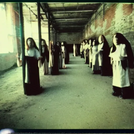 Image similar to creepy religious cult in abandoned warehouse, 1990s Polaroid photo, scary