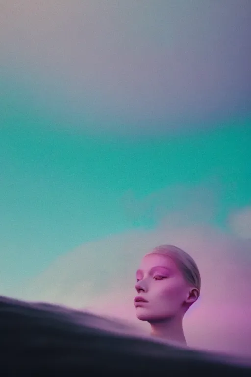 Image similar to high quality pastel coloured film close up wide angle photograph of a model wearing clothing swimming on cloud furniture in a icelandic black rock!! environment in a partially haze filled dreamstate world. three point light, rainbow. photographic production. art directed. pastel colours. volumetric clouds. pastel gradient overlay. waves glitch artefacts. extreme facial clarity. 8 k. filmic.