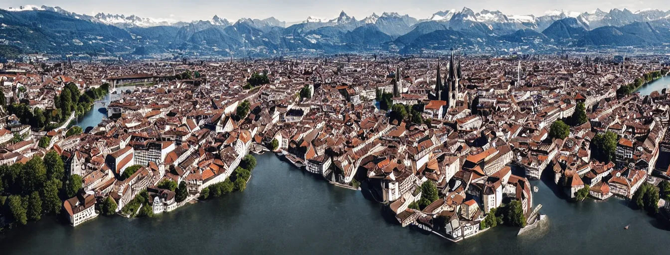 Prompt: Photo of Zurich, looking down the river at the lake and the alps, Hardturm, Grossmünster, wide angle, citypunk, volumetric light, hyperdetailed, mountain water, artstation, cgsociety, 8k