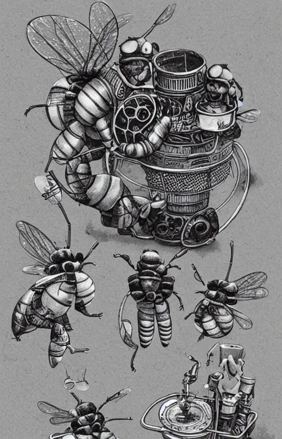 Image similar to photograph of steampunk bees playing tennis