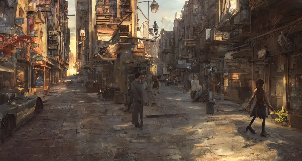 Image similar to craig mullins and ghibli digital art of american city, street, 1 9 2 0, sunset alley, the half - human, half - cat monster watches you, its body hidden in the shadow unreal engine, hyper realism, realistic shading, cinematic composition, realistic render, octane render, detailed textures, photorealistic, wide shot