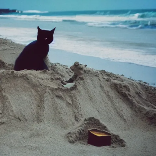 Prompt: photo of cat making a sand castle on the beach, cinestill, 8 0 0 t, 3 5 mm, full - hd