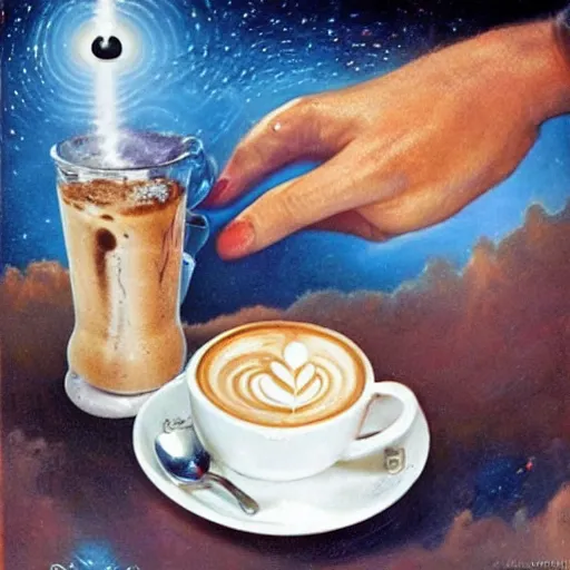 Prompt: A performance art. A rip in spacetime. Did this device in her hand open a portal to another dimension or reality?! latte art by Paul Gustav Fischer frightful