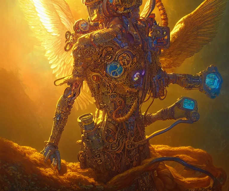 Image similar to a beautiful tarot card artwork of a cyberpunk seraphim in nature, backlit, highly detailed, golden hour, digital painting, by ina wong and justin gerard and dan mumford and artgerm, vivid colors, masterpiece, detailed shading, 8 k resolution, intricate, smooth