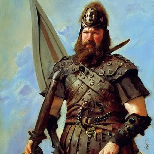Prompt: a viking warrior with steampunk details, oil painting by John Singer Sargent.