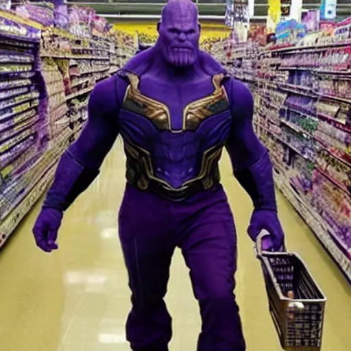 Image similar to thanos looking for his mom at walmart