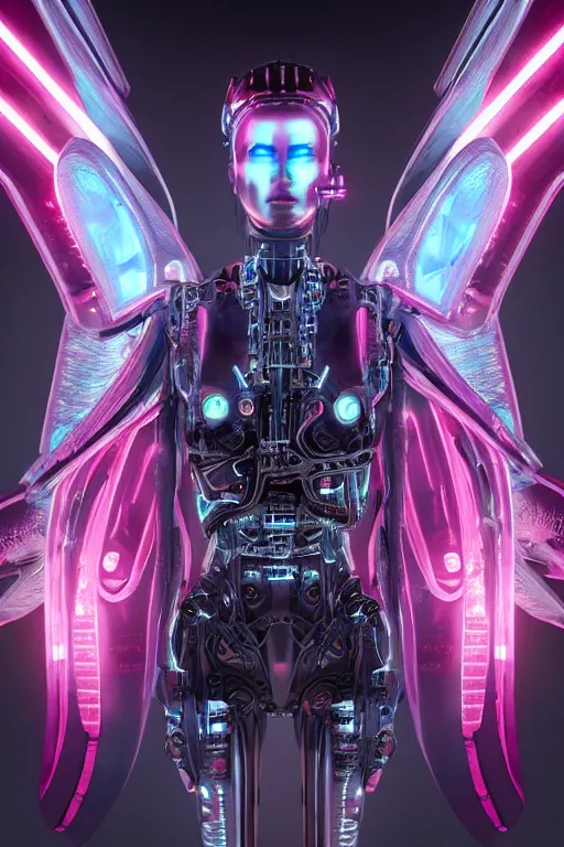 Prompt: hyperrealism portrait, digital art, wallpaper of a cyborg angel with mechanical wings in a cyberpunk city, diffused lighting, neon ambient lighting, by laura zalenga and aleksi briclot, 8 k dop dof hdr, vibrant