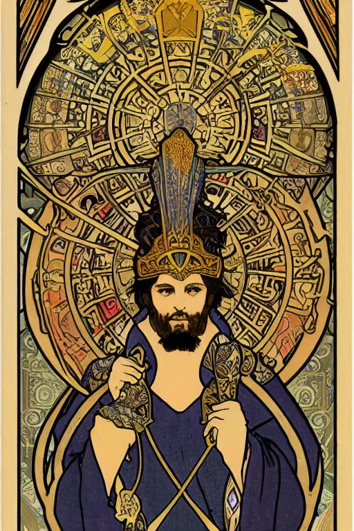 Image similar to tarot card, the emperor, medieval, super detailed, ornate, by alphonse mucha, artstation, symmetry, cold colors, art nouveau, 8 k