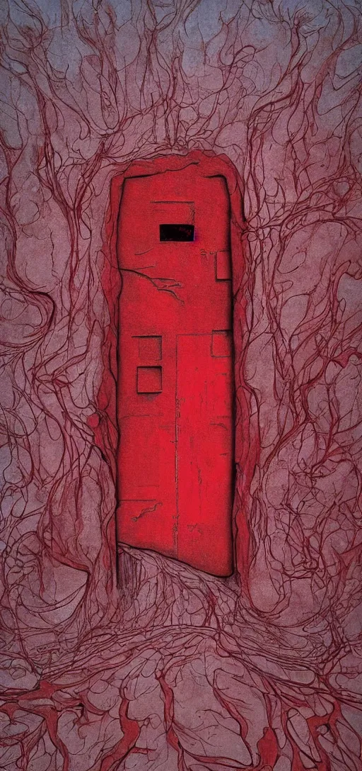 Prompt: huge detailed red door standing in wasteland in style of zdzisław beksinski, fractal patterns,