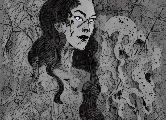 Prompt: 1940's Ghost Woman in the woods, detailed, comic book texture, bats, 4k symmetrical portrait, Ashley wood, Mike Mignola, trending on artstation, Norman Saunders