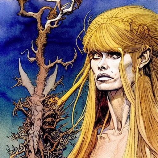 Image similar to a realistic and atmospheric watercolour fantasy character concept art portrait of brigitte bardot as a druidic warrior wizard looking at the camera with an intelligent gaze by rebecca guay, michael kaluta, charles vess and jean moebius giraud