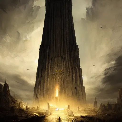 Image similar to the tower of orthanc from lord of the rings, dramatic lighting, chiaroscuro, high detail, painted by greg rutkowski, painted by igor kieryluk, painted by bobby chiu, trending on artstation