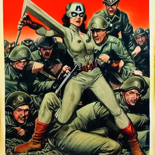 Image similar to female captain america standing on a pile of defeated german soldiers. wwii american propaganda poster by james gurney