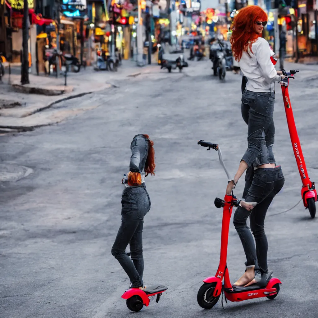 Image similar to redhead woman bellow electric scooter on neon street