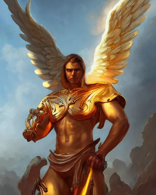 Prompt: character portrait of a muscular male angel of justice, in shining armor, with fiery golden wings, by peter mohrbacher, mark brooks, jim burns, marina abramovic, wadim kashin, greg rutkowski, trending on artstation