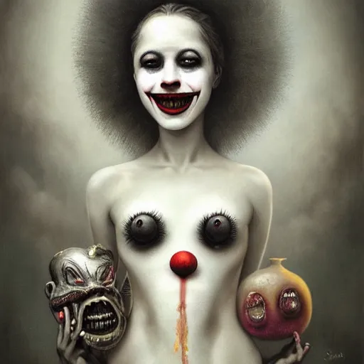 Image similar to By Tom Bagshaw, ultra realist soft painting of a curiosities carnival by night, Female Clown big smile long tongue dirty teeth and dressed, horror, omnious sky, symmetry accurate features, very intricate details, black and white, volumetric light clouds