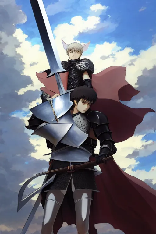 Image similar to a full body of the knight with a cat on his head holding berserk's great sword, finely detailed features, closeup at the faces, perfect art, gapmoe yandere grimdark, trending on pixiv fanbox, painted by miura kentaro greg rutkowski makoto shinkai takashi takeuchi studio ghibli, akihiko yoshida