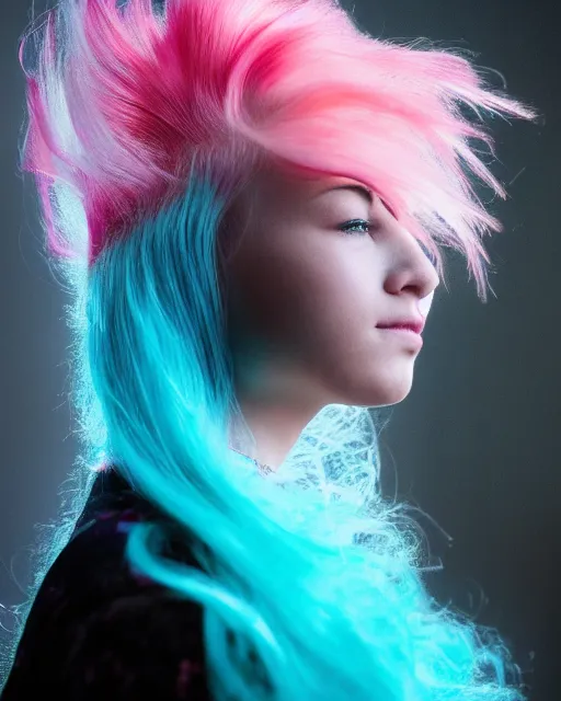 Image similar to a dramatic lighting photo of a beautiful young woman with cotton candy hair. with a little bit of cyan and pink