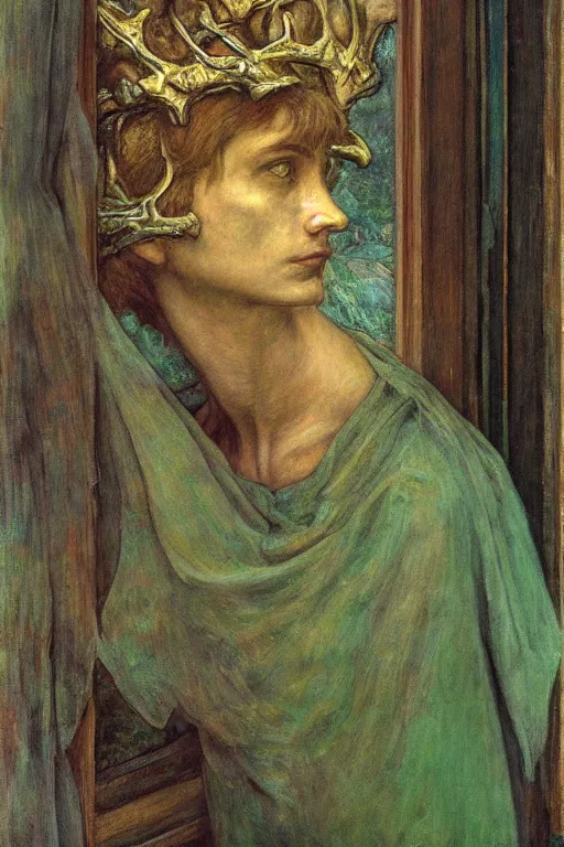 Image similar to the prince in his bone crown and regalia stands by the window at dusk,by Annie Swynnerton and Diego Rivera and Elihu Vedder, symbolist, dramatic lighting, elaborate geometric ornament, Art Brut, soft blues and greens,smooth, sharp focus, extremely detailed, Adolf Wölfli