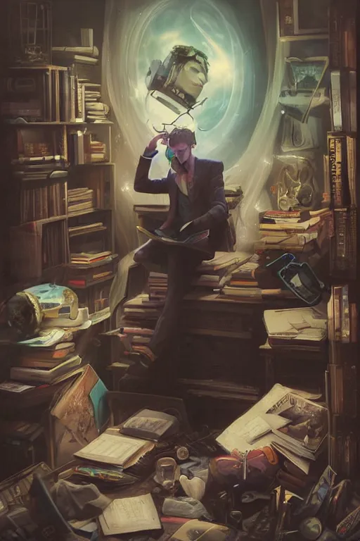 Image similar to magic nerdy guy reading a book in a cluttered messy bedroom, artgerm, tom bagshaw, gerald brom, vaporwave, vaporwave colors, perfect face, detailed face, symmetrical face,