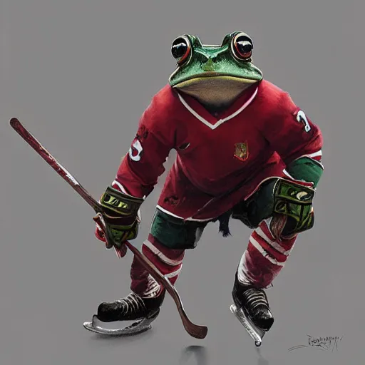 Image similar to frog wearing hockey uniform, intricate, sharp focus, illustration, highly detailed, digital painting, concept art, matte, art by ruan jia and wlop and greg rutkowski, masterpiece