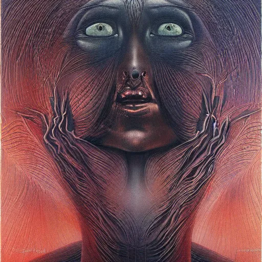 Image similar to dark shrouded woman performing ethereal ritual, expanding energy, epic surrealism oil paint by Ernst Fuchs, Zdzislaw Beksinski, Katsuhuro Otomo highly detailed