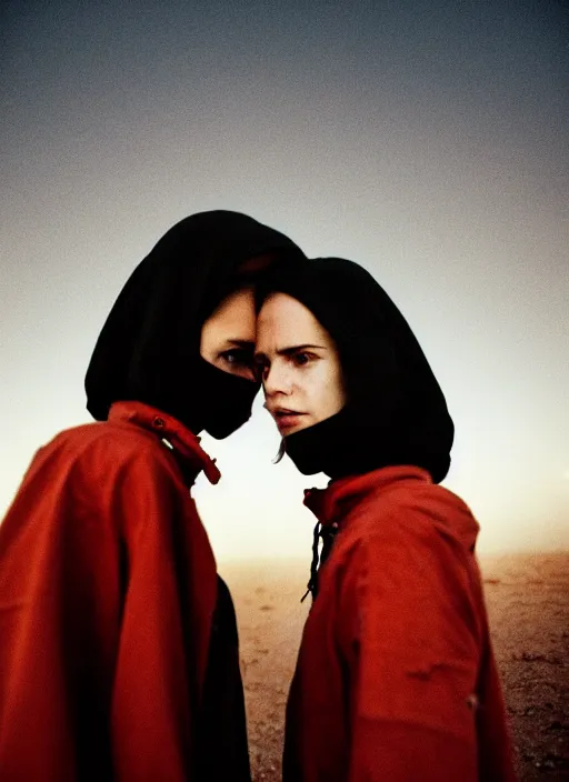 Prompt: cinestill 5 0 d photographic portrait of two loving female androids wearing rugged black techwear on a desolate plain with a red sky in front of a brutalist structure by steve mccurry, extreme closeup, cyberpunk style, dust storm, 8 k, hd, high resolution, 3 5 mm, f / 3 2, ultra realistic faces, ex machina
