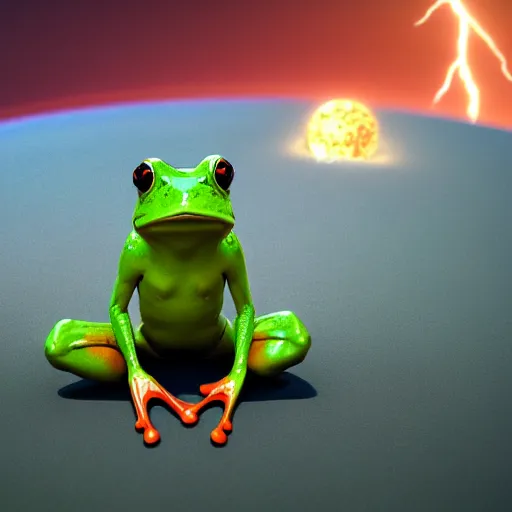 Image similar to a frog warrior lifting the entire planet, concept, art, octane render, cinematic rendering, dramatic lightning, 8 k, space colors