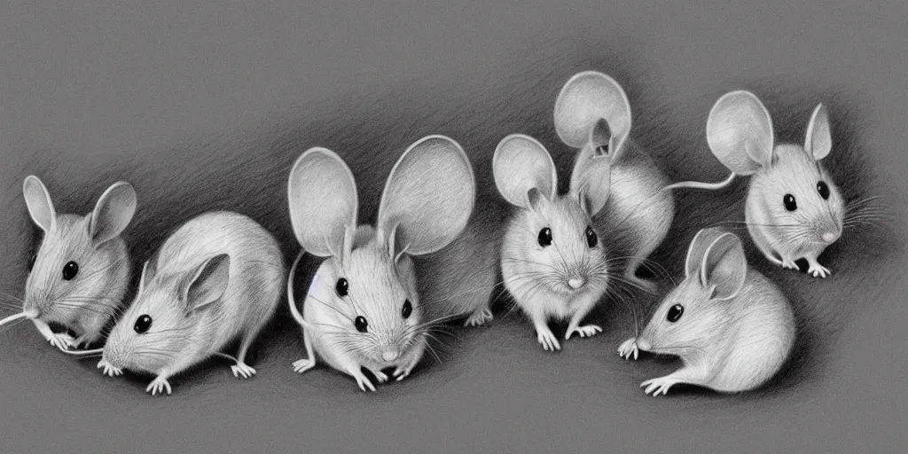 Prompt: a beautiful pencil drawing of five cartoon mice; masterpiece; extremely highly detailed; ultra realistic; trending on artstation
