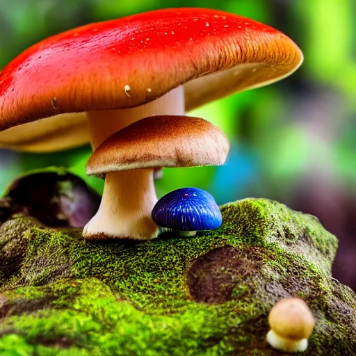 Image similar to macro photo with a mushroom character with cute eyes, very close to real nature, natural colors and natural surroundings, painted patterns and coloring on mushrooms, 8K, highly detailed