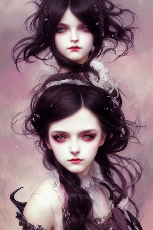 Image similar to portrait of radical lolita girl, dreamy and ethereal, dark eyes, peaceful expression, ornate goth dress, dark fantasy, chaotic, elegant, black crows flying, highly detailed, digital painting, artstation, concept art, smooth, sharp focus, illustration, art by artgerm and greg rutkowski and alphonse mucha