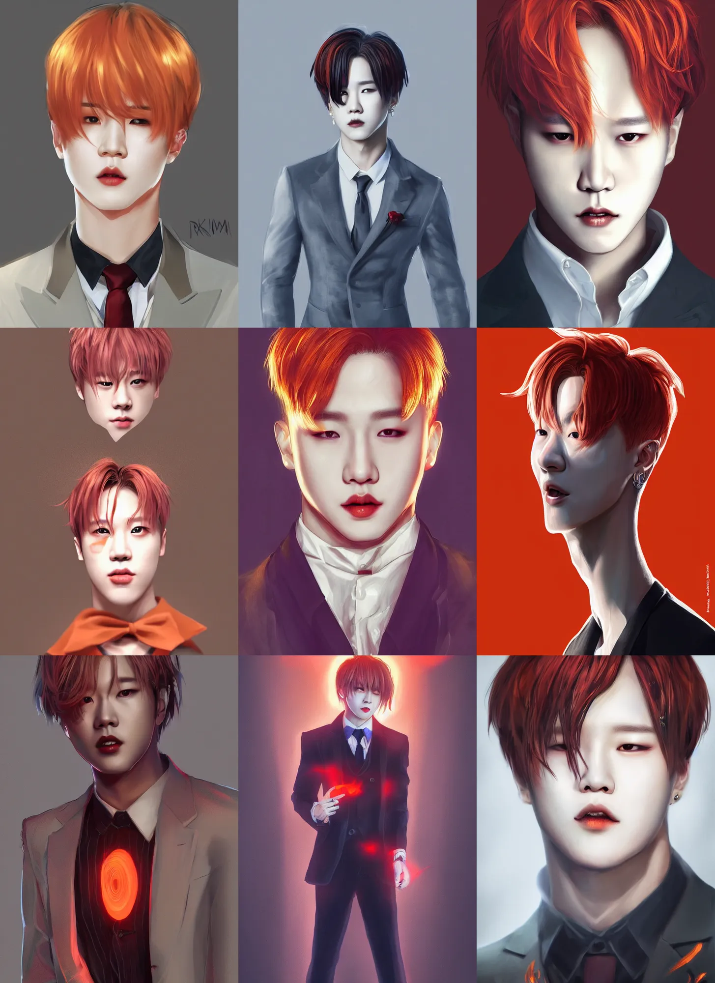 Image similar to park jimin as a vampire. wearing intricate styled suit, semi realism, anime realism, symmetrical face, slim face, appealing, photorealism, uhd, amazing depth, glowing, golden ratio, sakimichan, greg rutowski, volumetric lighting, cinematic lighting, red orange lighting, artstation concept art