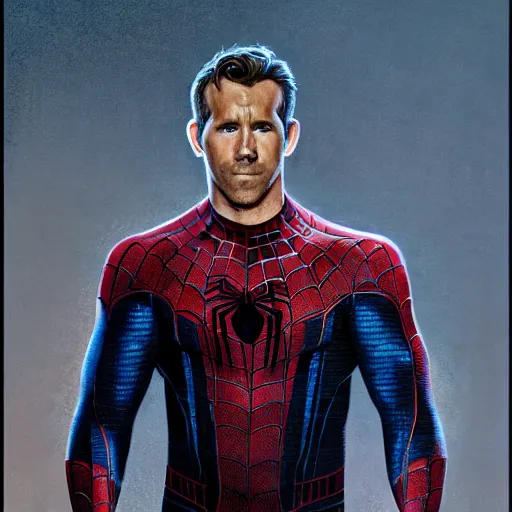 Image similar to ryan reynolds as spider - man, wearing a black and blue suit, cinematic, volumetric lighting, f 8 aperture, cinematic eastman 5 3 8 4 film, photorealistic by greg rutkowski, by stanley artgerm, by alphonse mucha