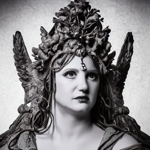 Image similar to a realistic portrait of vatica the goddess of the underworld, studio photography