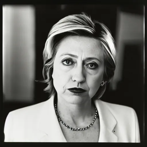 Image similar to photo of Hilary Clinton by Diane Arbus, black and white, high contrast, Rolleiflex, 55mm f/4 lens