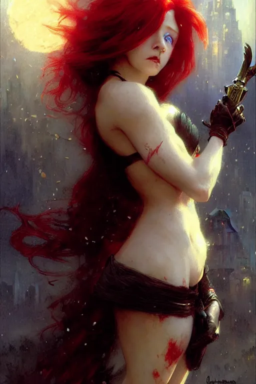 Prompt: beautiful red haired vampire maid, holding a minion from the minions movie portrait dnd, painting by gaston bussiere, craig mullins, greg rutkowski, yoji shinkawa