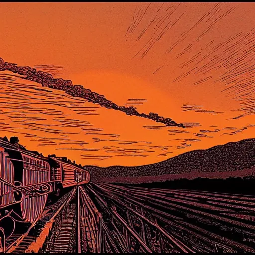 Image similar to weird west steampunk steam engine train railway into the sunset, illustration by moebius jean giraud