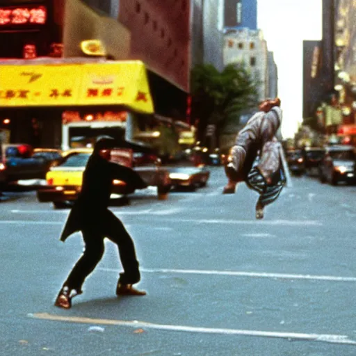 Prompt: film still of the 1995 movie 'Kung-Fu Cowboys of NYC'. Exciting kung-fu action scene. Sigma 85mm f/8