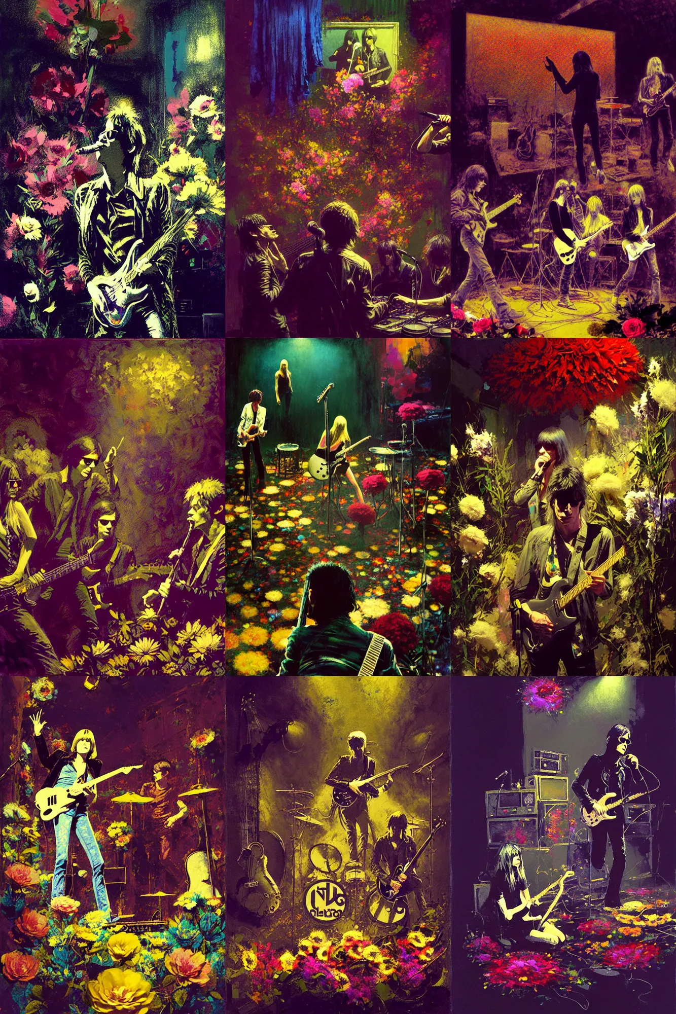 Prompt: the velvet underground and nico playing live on stage, beautiful stage decoration with flowers in the background, painting by craig mullins, very detailed and colorful and ornamental and moody and relaxed and tasteful and laid back and relaxed and cool and high on drugs, trending on artstation, behance contest winner