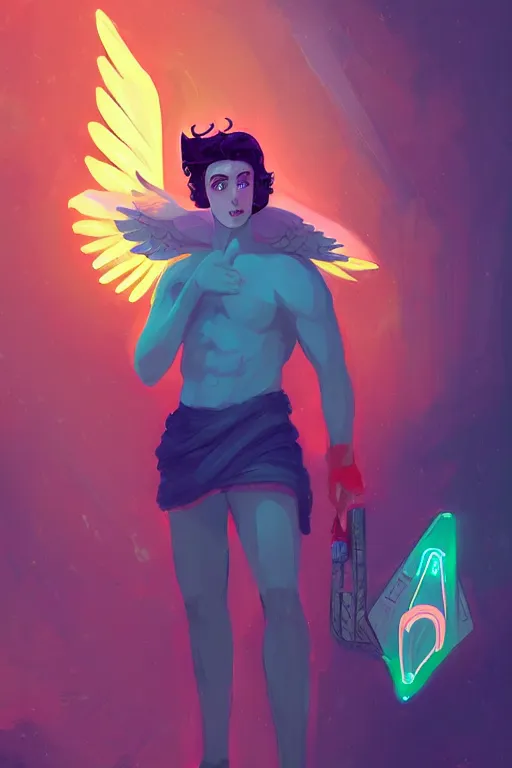 Image similar to the handsome greek god hermes, wearing winged helmet, holding glowing laptop computer, digital painting bioluminance alena aenami artworks in 4 k design by lois van baarle by sung choi by john kirby artgerm style pascal blanche and magali villeneuve