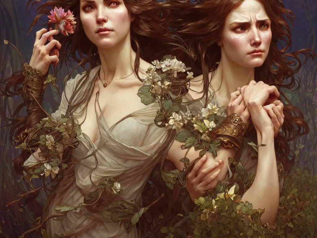 Prompt: lovely woman in distress, ultra realistic, concept art, intricate details, eerie, highly detailed, photorealistic, 8 k, unreal engine. art by artgerm and greg rutkowski and magali villeneuve and alphonse mucha