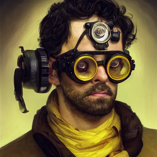 Image similar to an inventor, goggles, thin beard, messy black hair, d & d, yellow background, fantasy, intricate, cinematic lighting, highly detailed, digital painting, artstation, concept art, smooth, sharp focus, illustration, art by artgerm and greg rutkowski and alphonse mucha