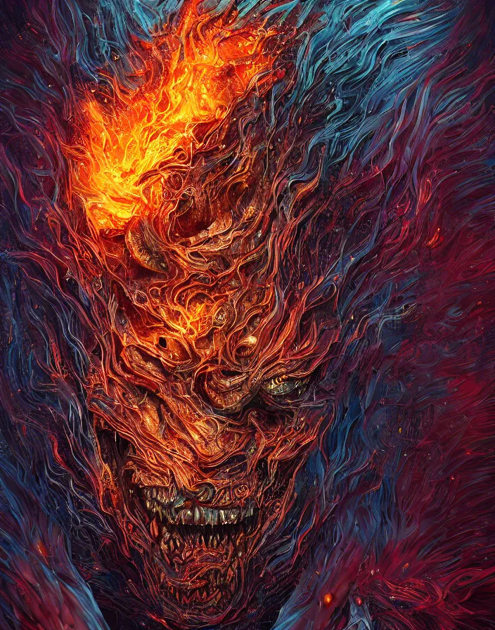 Image similar to horrific monster portrait. burning water distortions. intricate abstract. intricate artwork. rows of sharp teeth. by Tooth Wu, wlop, beeple, dan mumford. octane render, trending on artstation, greg rutkowski very coherent symmetrical artwork. cinematic, hyper realism, high detail, octane render, 8k, depth of field, bokeh. iridescent accents