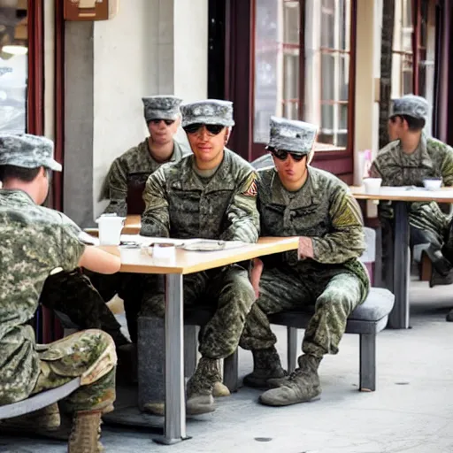 Prompt: a group of military solders sitting at the cafe and drinking coffee