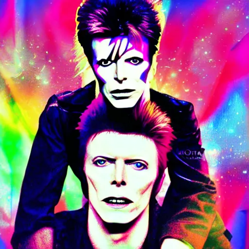 Image similar to david bowie from china girl getting a piggy back ride from ziggy stardust, digital art, glam rock. pop art background.